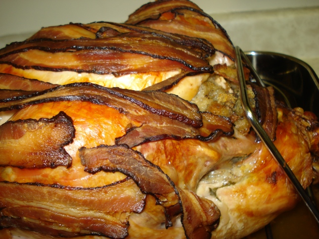 Bacon Wrapped Roast Turkey with Sausage-Apple Stuffing