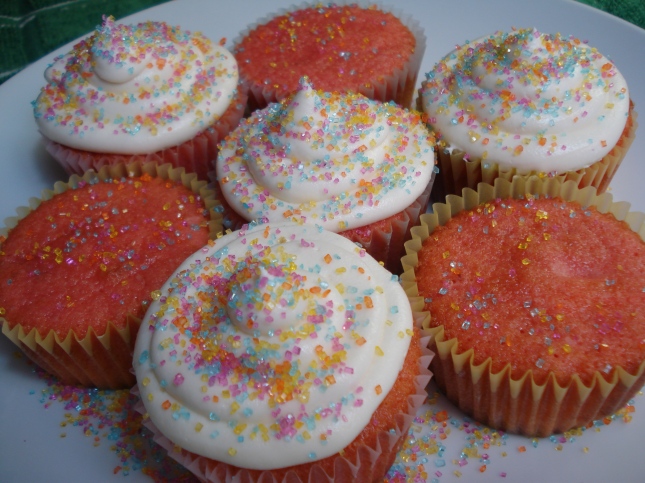 Pink Cupcakes with Vanilla Icing and coloured sugar sprinkles
